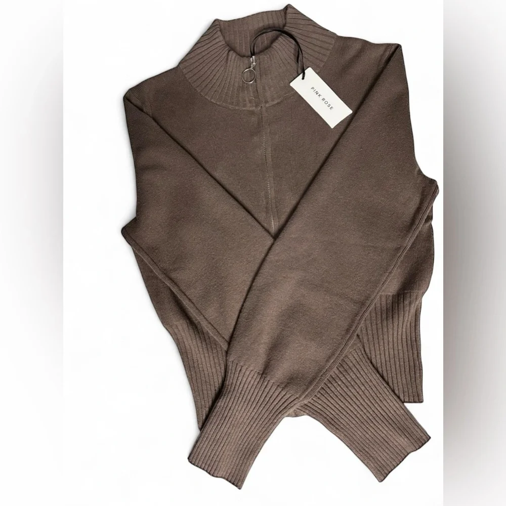 Pink Rose Ribbed Zip Up Sweater Cropped Mock Neck Brown Size L NWT